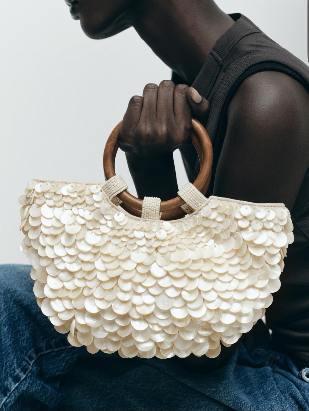 Zara Cream Sequin Tote with Wooden Ring Handles